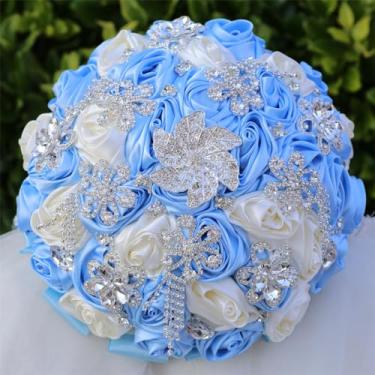 Imagem de Mhojpik Buquê de casamento redondo segurando buquê de rosas artificiais para noiva, dama de honra, casamento, quinze anos (azul claro e marfim, 22 cm)