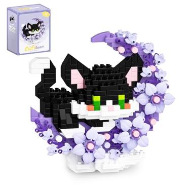 Imagem de QISHOUTING Cat Micro Building Blocks with Flowers,Flowers Mini Building Set,Animal Micro Building Kits,Home Office Décor Gift for Adults and Teens(Black)