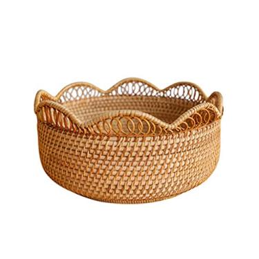 Imagem de Cesta de frutas tecida de vime, cesta de vime de pão Sck, cesta de armazenamento de renda oca no quarto e sala de estar (tamanho: 27 cm) (24 cm)
