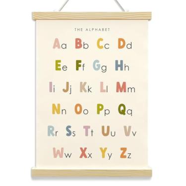 Imagem de Quadro de pôster de arte de parede com alfabeto colorido - Arte educacional ABC para pendurar na parede com molduras de madeira - arte em tela impressões para pendurar na parede decorações de berçário