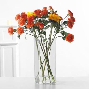 Imagem de Rospynn Vaso cilíndrico de acrílico, vaso grosso, plástico inquebrável, peça central decorativa para casa ou casamento, quadrado de 10 x 25 cm - transparente