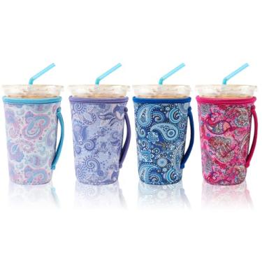 Imagem de Pacote com 4 mangas de café gelado, mangas de neoprene reutilizáveis adequadas para mangas de bebidas para café quente e frio ou bebida gelada manga de xícara de café para xícara de café Starbucks