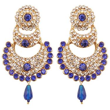 Imagem de Touchstone Brincos indianos de bollywood Chand Bali meia lua crescente strass designer lustre brincos para mulheres., 2.5 inches, Strass, Sem pedra preciosa