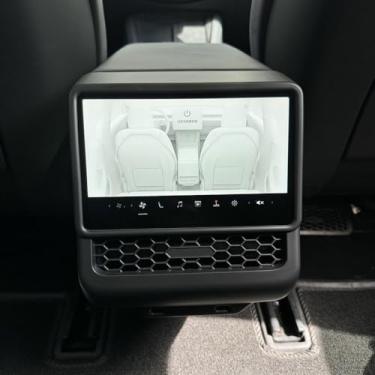 Imagem de Acabamento padrão de fibra de carbono para saída de ar traseira para Tesla Model 3 Highland Cover console central caixa de apoio de braço condicionador traseiro capa protetora de grade de filtro de