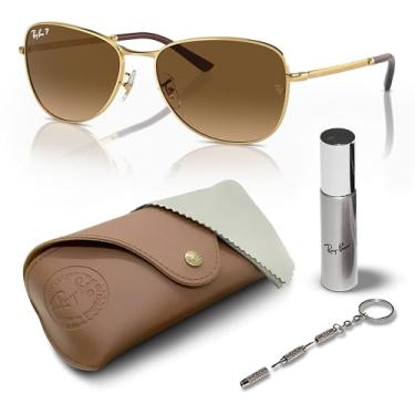 Imagem de RAY-BAN RB3741 EMY Óculos de sol retangulares de base biológica com kit de óculos – protetores de nariz ajustáveis – Óculos de sol quadrados formais e casuais ideais, Armação dourada Arista | Lente