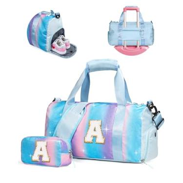 Imagem de Vogewood Presente para filhas, meninas, meninas, bolsa de ginástica com compartimento para sapatos, bolsas de fim de semana personalizadas para crianças, bolsa de viagem inicial com bolsa de maquiagem