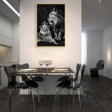 Imagem de Rei Leão Impressão em Tela Preto e Branco Arte de Parede Leão e Leoa com Coroa Imagem Rei Rainha Pintura Animal Decoração 42 x 30 cm (17 x 12 pol.) Moldura dourada