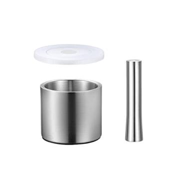 Imagem de Tigela Moedora Almofariz e pilão de aço inoxidável escovado com tampa, moedor de temperos de alho, conjunto de tigela de moagem, moedor, triturador, ferramenta de cozinha, dispositivo para guacamole,