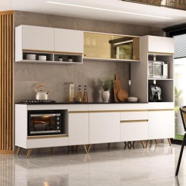 Imagem de Cozinha Modulada Completa Compacta 287cm Com Balcão Para Cooktop Veneza Multimóveis Mp2269 Branco Dourado
