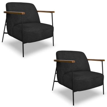 Imagem de Poltrona Para Sala Pés Metálicos Kit 2 Ellen S06 Boucle Preto - Mpozenato
