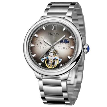 Imagem de FORSINING Relógio de pulso masculino à prova d'água Moon Phase automático, aço inoxidável, esqueleto, turbilhão, relógio de pulso, Marrom
