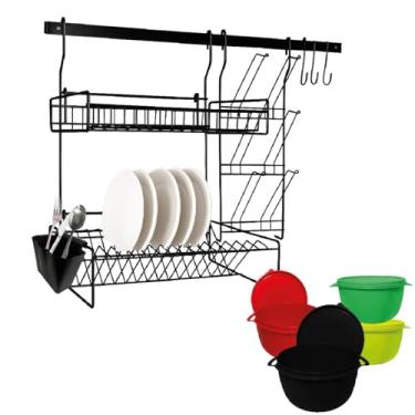 Imagem de Escorredor de Louças Suspenso Organizador com Porta Talheres + 4 Potes- Aço (PRETO)