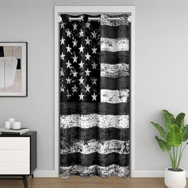 Imagem de meiyoeat Cortina de porta com bandeira americana para privacidade de porta 106 x 203 cm 1 painel infantil preto e branco listra estrela bandeira de armário capa de porta de armário meninos meninas