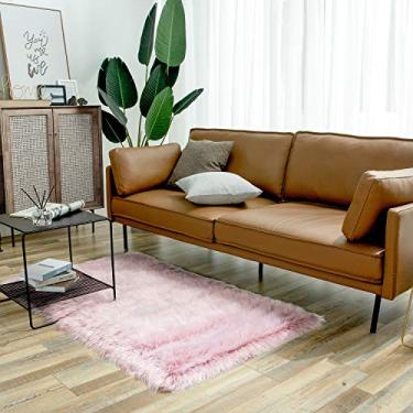 Imagem de Ashler tapete de pele sintética, tapete felpudo fofo ultra macio 3 x 5 pés tapete de pele retangular fundo fosco rosa felpudo tapete felpudo lavável na máquina, decoração de berçário tapetes para quarto, sala de estar