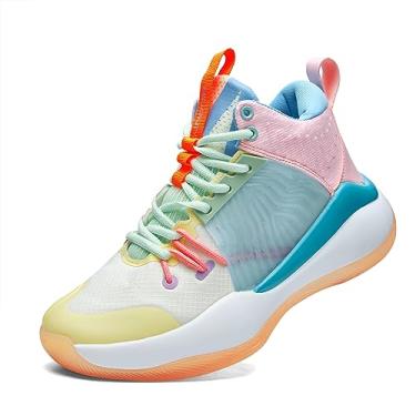 Imagem de Tênis de basquete masculino de cano alto com suporte de amortecimento de malha respirável e sola antiderrapante Equipamento de basquetebol(Yellow-pink,43 BR)