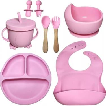 Imagem de Kit Refeição Infantil em Silicone 8 Peças, Pratos e Talheres para Bebê Introdução alimentar bebê (Rosa)