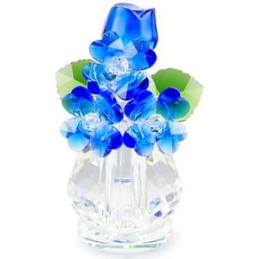 Imagem de YWHL Estatueta de flor rosa azul cristal para mulheres, buquê de flores feito à mão, presentes para mãe, esposa, namorada, ornamentos colecionáveis de flores de vidro para decoração de casa, centros