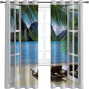 Imagem de Cortina blackout náutica, paisagem marítima oceano praia espreguiçadeiras varanda imagem de verão ilha tropical, tratamento de sombreamento completo, cortina de isolamento de cozinha, L 182 x C 182 cm