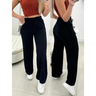 Imagem de Calça pantalona de lazinho feminina cintura alta com bolso pra inverno