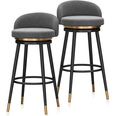 Imagem de Conjunto De 2 Banquetas Giratórias Modernas Estofadas Em Veludo Com Encosto, Apoio Para Os Pés Bancos Redondos Para Casa De Pub, Green, Gold