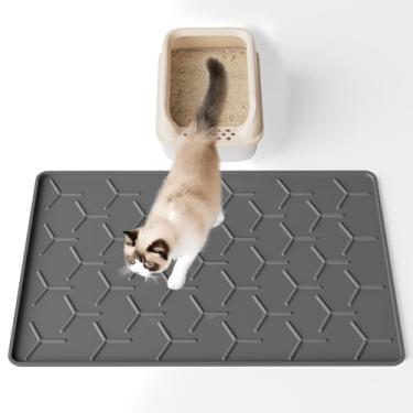 Imagem de Bulkniu Tapete de areia grande de silicone para gatos: Tapete de caixa de areia macio e impermeável Tapete de alimentação para gatos (61 cm x 40 cm, cinza escuro-S)