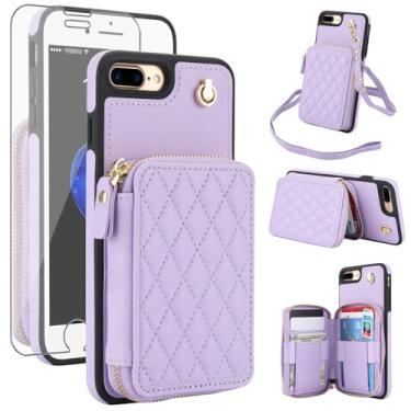 Imagem de Capa de celular para iPhone 7plus 8plus 7/8 Plus capa de celular com protetor de tela de vidro temperado alça transversal de pulso com bloqueio de RFID suporte para cartão TPU i Phone7s 7s + 7+ 8s 8+