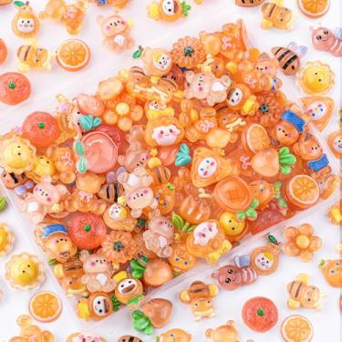 Imagem de 100 peças de berloques de geleca laranja sortidos enfeites fofos decoden, acessórios kawaii Slime, urso de coração doce a granel de geleia plana para capas de telefone, scrapbooking artesanato e