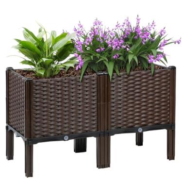 Imagem de Canteiro elevado de vime com pernas - vasos elevados retangulares para plantas ao ar livre, caixa de plantio autoirrigável 81 cm C x 40 cm L x 50 cm A, cama de jardim profunda retangular para vegetais
