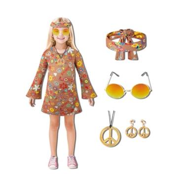 Imagem de MOMMY'S NEW MAN Vestido hippie infantil para meninas dos anos 60 e 70 com flores de Halloween, discoteca, paz e amor, Vermelho, 10