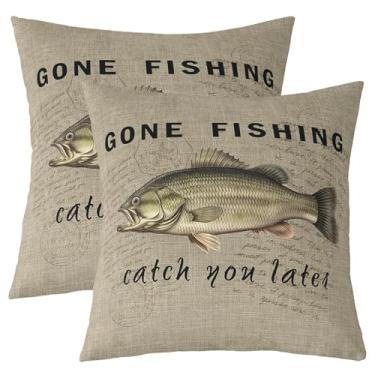 Imagem de Erosebridal Gone Fishing Capas de almofada 45,7 x 45,7 cm, conjunto de 2, capas de almofada retrô decorativas à beira do lago com tema de caça e lúcio rústica, verde e cinza