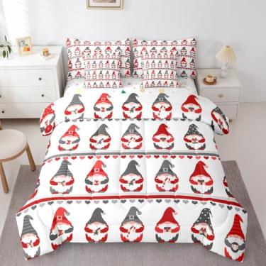 Imagem de Erosebridal Jogo de cama queen de gnomo escandinavo de Natal, 7 peças, conjunto de cama queen de Natal e anão de Papai Noel, listrado, vermelho, com edredom, gnomo de desenho fofo