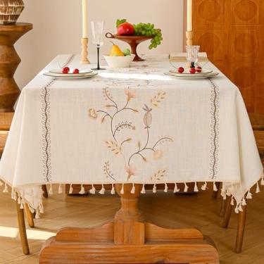 Imagem de KAIJIE Toalha de mesa retangular texturizada estilo rural toalha de mesa de algodão e linho bordado com decorações de borla para casa 100 x 160 cm