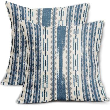 Imagem de Conjunto de 2 capas de almofada boêmias azul cinza 45,7 x 45,7 cm com 2 almofadas decorativas para uso externo moderno fronha quadrada para sofá de casa sofá-cama