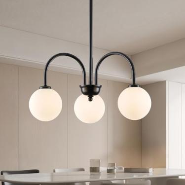 Imagem de PiWWPi Lustre moderno de meados do século, lustre Sputnik de globo de 3 luzes, luminárias pendentes grandes pretas com globo de vidro branco para sala de jantar, ilha de cozinha, quarto, sala de estar