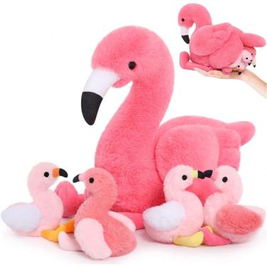 Imagem de Bicho de pelúcia MoriSmos Plush Flamingo com 4 bebês de 45 cm rosa