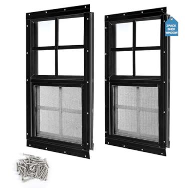 Imagem de Ktondic Pacote com 2 janelas para galpão, 35 x 53 cm, janelas domésticas pretas com vidro temperado e tela de fibra de vidro para galinheiro e garagem