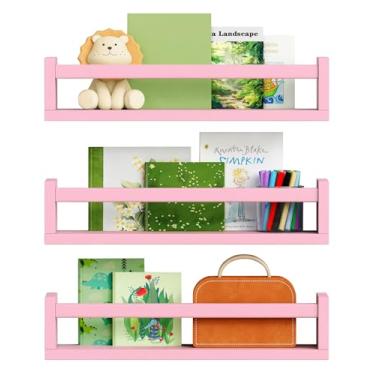 Imagem de Harwaya Conjunto de 3 prateleiras flutuantes de berçário rosa para parede de quarto de bebê, prateleiras de livros de parede para quarto de crianças, estante de canto para decoração de banheiro de