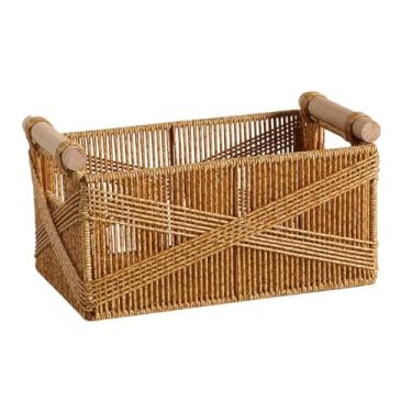 Imagem de Generic Cesto de armazenamento de vime PE, base multifuncional à prova de vazamentos, alças de madeira maciça, organizador de banheiro com trama densa,