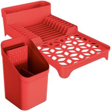 Imagem de Kit Escorredor de Louças e Porta-Talheres, P/Prato Copo Talher Garfo Faca Colher, Base Vazada com Divisórias, Utensílio de Cozinha Compacto, Pia Bancada (Vermelho)