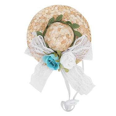 Imagem de Pet Chapéu Sombrero, Headband Tiny Straw Hat, Mini Chapéu de Palha Chapéus Festa de Aniversário com Flores para Pequenos e Médios Cães/Gatos (Flores brancas, azuis e verdes Xs)