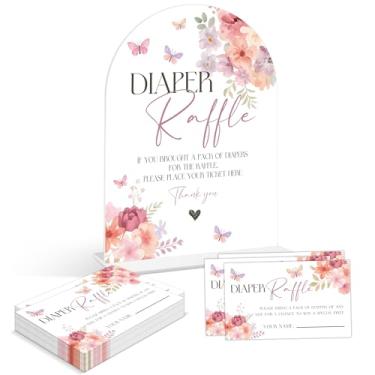 Imagem de Jogos de chá de bebê - Sorteio de fraldas Baby in Bloom, 1 placa de acrílico em arco e 50 bilhetes para sorteio de fraldas, jogo de revelação de gênero, suprimentos de decoração floral para chá de