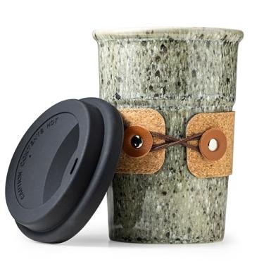 Imagem de Cormomu Caneca de café de viagem, copo de café à prova de derramamento, caneca de cerâmica, seguro para micro-ondas e lava-louças, xícara de café grande de porcelana, caneca de chá com tampa, copo de