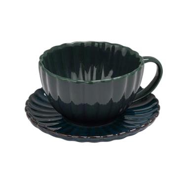 Imagem de Creative Co-Op Caneca canelada de grés de 293 ml com pires em esmalte reativo, azul