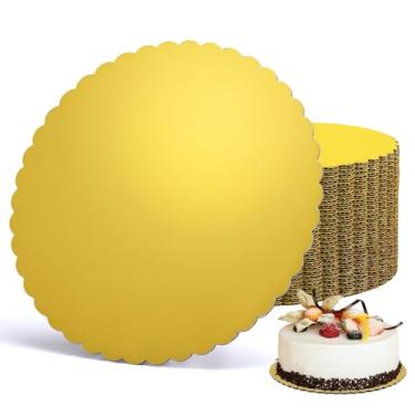 Imagem de EUSOAR Tábua de bolo dourada, pacote com 50 pratos de pizza de base redonda de papelão ondulado resistente de 25 cm, bandejas de papelão descartáveis, círculos de bolo à prova de óleo, para festas de
