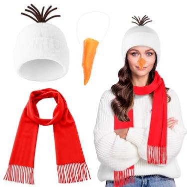 Imagem de Toulite Kit de fantasia de boneco de neve, unissex, gorro branco, nariz de cenoura e cachecol vermelho para acessórios de fantasia de Natal, festa de cosplay de inverno