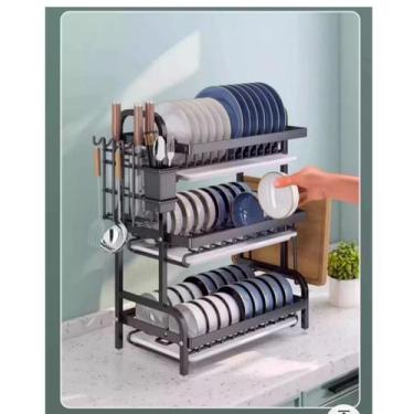 Imagem de Escorredor Organizador de Louças Prato 3 andar Preto Aço Inoxidável Ra