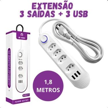 Imagem de Extensão Elétrica 3 Tomadas e 3 USB Branco 2500W - LIPPIN