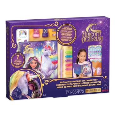 Imagem de Make It Real: Unicorn Academy: Conjunto de artigos de papelaria de unicórnio encantado - kit de diário de 17 peças, canetas de gel-adesivos-borrachas-pedras preciosas, diário, série Netflix, crianças