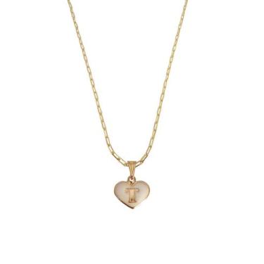 Imagem de Colar Corrente Feminina Pingente Amor Coração Branco Letra Inicial T P