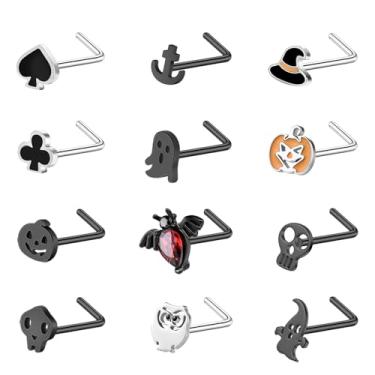 Imagem de ZS 12 peças de aço inoxidável 20 G - piercing de nariz de Halloween de caveira de morcego em forma de L saca-rolhas prata preto hipoalergênico piercing de narina joias para mulheres e homens (A: preto
